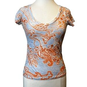 BEFORE & Again Boho Asian Print Burnout V-Neck Tee Shirt Lavender Haze & Brick